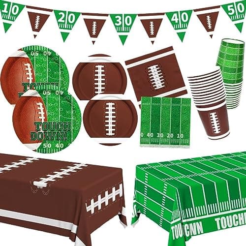 Gatherfun Football Party Supplies Kit Serve 24,Includes Dinner Plates, Dessert Napkins, Cups,Banner and Touchdown Tablecloth for Birthday Gameday Tailgate Decorations, Green (2023053002) - Image 1