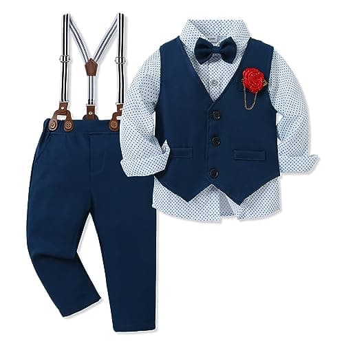 WESIDOM Toddler Boy Clothes Suits Gentleman Wedding Outfits Dress Bowtie Shirt+Vest+Boutonniere+Suspender Pants Sets(Navy Blue+5-6T) - Image 1