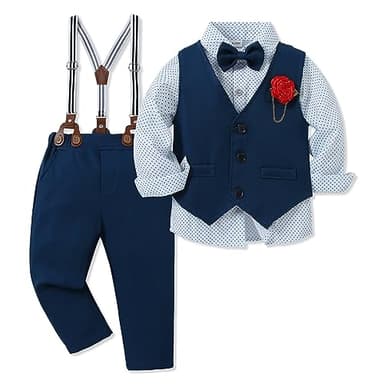WESIDOM Toddler Boy Clothes Suits Gentleman Wedding Outfits Dress Bowtie Shirt+Vest+Boutonniere+Suspender Pants Sets(Navy Blue+5-6T) - Image 1