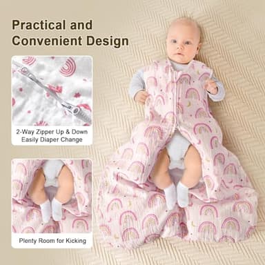 PHF 100% Muslin Cotton Baby Sleep Sacks, 12-18 Months Sleep Sack with 2-Way Zipper, 2 Pack Cooling 0.5 TOG Breathable Large Size Sleeveless Baby Wearable Blanket for Baby Girl, Rainbow - Image 6