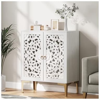 JOINICE Accent Cabinet with Doors, Sideboard Buffet Cabinet with Storage, 31.5" W Buffet Table with Gold Legs and Adjustable Shelf for Living Room, Kitchen, Hallway, White - Image 7