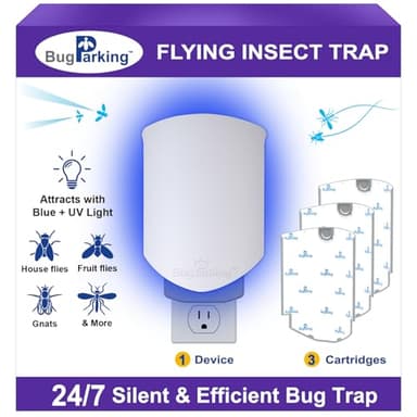 Flying Insect Trap for Indoors: Light Trap Captures Fruit Flies, Gnats, and Houseflies, BUG PARKING 1 Device and 3 Refills Silent Bug Catcher with UV Light for Indoor-Plants, Kitchen - Image 1