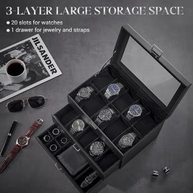 ProCase 20 Slot Watch Box for Men, 3-Layer Watch Display Case with Glass Lid, Watch Holder with Drawer, Jewelry Storage Organizer for Watches Straps Rings -AllBlack - Image 6