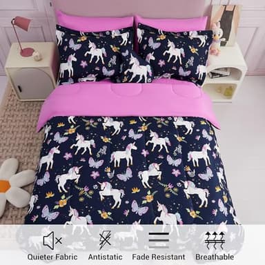 Mooreeke Kids Comforter Bed Set Full Size for s Girls, 8 Pieces Bed in a Bag with Shams, Sheet Set, Purple Pink Unicorn Full Soft Microfiber Kids Comforter Bedding Set - Image 3