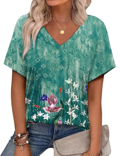 Alaroo Summer Outfits for Women Loose Fit Short Sleeve Blouse V Neck Cruise Outfits 2025 Print 13 3XL - Image 1