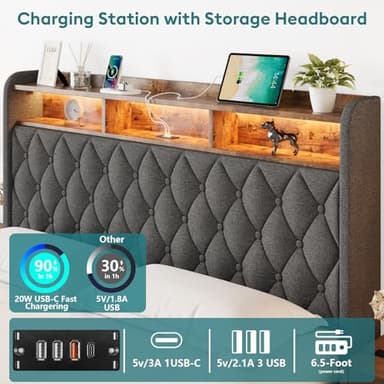 Queen Bed Frame with Storage - Lift Up Queen Size Bed Frame with Headboard, Upholstered Platform Bed with LED Lights & Charging Station, Hydraulic No Box Spring Needed Wood Slats Support, Grey - Image 3