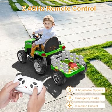 ARBELI 12V 7AH Ride on Tractor w/Tiltable Trailer & Remote Control, 2x45W Motors, Bluetooth, Music, Shifter, Electric Car for Kids Ages 2-5, Green - Image 4