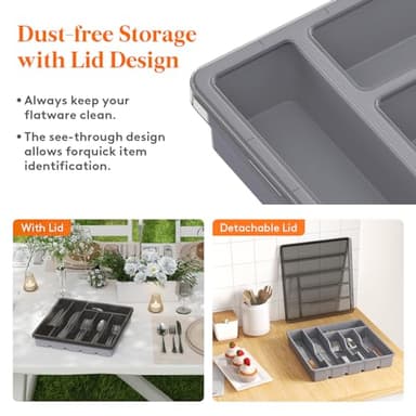 Lifewit Silverware Organizer with Lid, Covered Utensil Tray for Kitchen Drawer and Countertop, Plastic Cutlery and Flatware Storage Box for Spoons Forks Knives Holder Case, 6 Compartments, Gray - Image 3