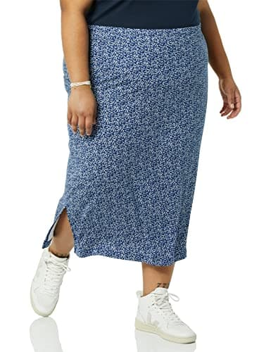 Amazon Essentials Women's Pull-On Knit Midi Skirt (Available in Plus Size), Navy Dots Print, 4X - Image 1