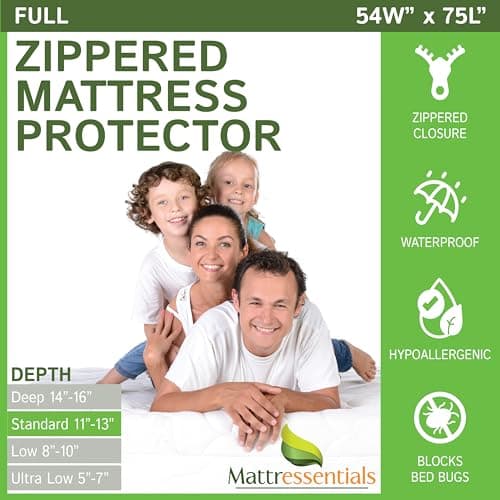 Zippered Full Mattress Protector (11"-13" Depth) - Bed Bug Waterproof Mattress Cover, Premium Quality Hypoallergenic Encasement White - Image 1
