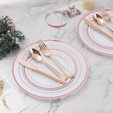 BESTVIP 600PCS Plastic Dinnerware Set (100 Guests), Rose Gold Disposable Plates for Party, Wedding, Christmas, Anniversary, Includes: Dinner Plates, Dessert Plates, Cups, Spoons, Forks and Knives - Image 6