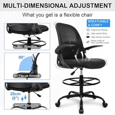 Primy Drafting Chair Tall Office Chair with Flip-up Armrests Executive Ergonomic Computer Standing Desk Chair with Lumbar Support and Adjustable Footrest Ring (Black) - Image 7