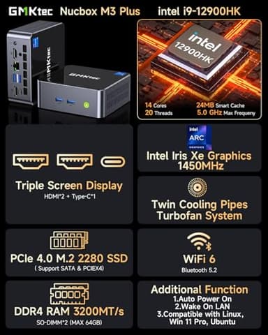 GMKtec M3 Plus Mini PC with Intel Core i9 12900HK(14C/20T 5.0 GHz), 32GB DDR4 RAM+1TB NVMe SSD, Mini Desktop Computer Triple 4K Display, WiFi 6, BT5.2, USB-C - Image 2