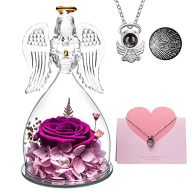 Mothers Day Rose Gifts Glass Angel Figurine with Three Roses Gifts, Preserved Forever Real Rose Gifts for Women, Angel Guardian with Rose for Valentine Day Mothers Day - Image 1
