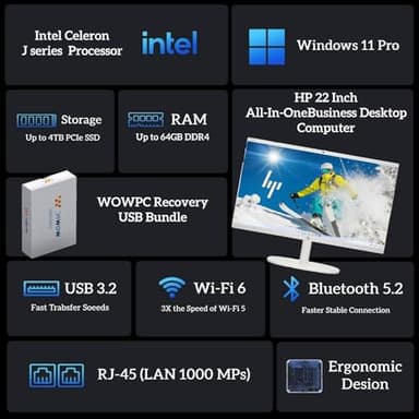 HP 2025 New 22 Inch All-in-One Business Desktop • 20GB RAM • 1TB PCIe SSD • Ultra-Quiet Design • Intel CPU • Microsoft Office Trial • Wi-Fi 6 • White KB & Mouse • WOWPC Recovery USB • Windows 11 - Image 2