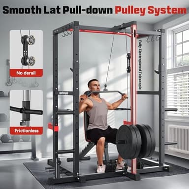 Sportsroyals Power Rack, Multi-Functional Power Cage with LAT Pulldown Pulley System, Squat Rack with More Training Attachments for Home Gym (Red)，1200 lbs Weight Capacity - Image 3