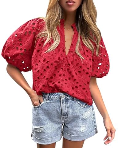 PRETTYGARDEN Women's Summer Tops 2025 Dressy Casual Short Sleeve V Neck Buttons Hollow Out Lace Embroidered Blouses Shirts (Red,XX-Large) - Image 1