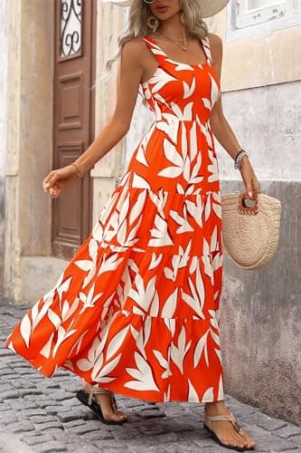 PRETTYGARDEN Women's Summer Floral Maxi Dress Sleeveless Smocked Ruffle Long Flowy Beach Vacation Boho Sundresses (Floral Orange Beige,Small) - Image 8