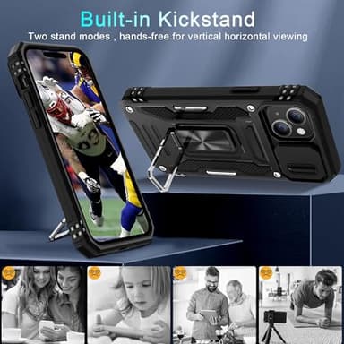 DEERLAMN Case for iPhone 15 with Slide Camera Cover + Screen Protector (2 Packs), Rotated Ring Kickstand Military Grade Shockproof Protective Cover-Black - Image 4