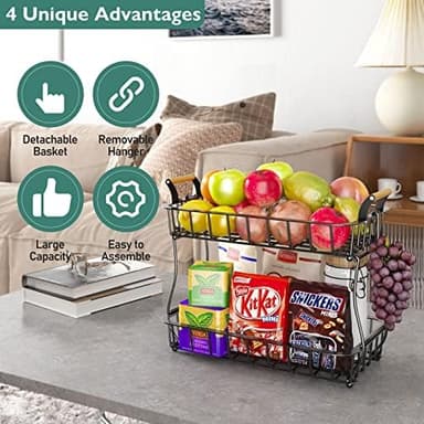 2-Tier Countertop Fruit Basket Bowl Storage with Two Banana Hangers and Wooden Handles, Black - Image 5