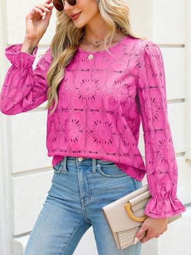 CUPSHE Women Eyelet Long Sleeve Tops Shirts Dressy Hollow Out Crochet Lace Embroidered Blouses 2025 Fashion Top Fuchsia M - Image 3