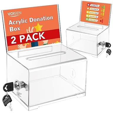 VOISEN Clear Donation Box with Lock,2 Pack Ballot Box with Sign Holder,Suggestion Box for Fundraising, Voting Box with Slot for School,Conference 6.2x4.6x3.9 Inch - Image 1