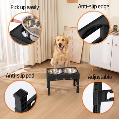 LAKIPETN Elevated Dog Bowls with 2 Stainless Steel Bowls, Raised Dog Food Bowl Stand 5 Height Adjustable (3.1", 9", 10", 11", 12") Non-Slip Feeder Station Set for Medium and Large Dogs - Black - Image 3