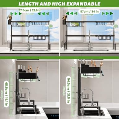 ilvvan Over The Sink Dish Drying Rack (Expandable Height and Length) Snap-On Design 2 Tier Large Dish Rack (23" - 34" L x 11" W x 19" - 21.5" H) - Image 2