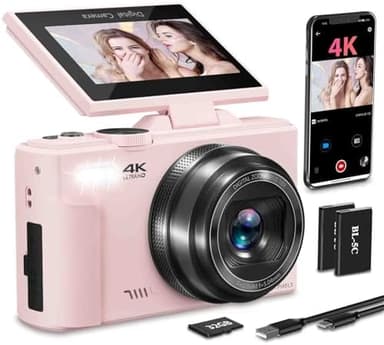 4K Digital Camera for Photography with 3" 180°Flip Screen,64MP Vlogging Camera for YouTube, HD WiFi Compact Camera with Flash, 18X Digital Zoom, 32GB TF Card & 2 Batteries（Pink） - Image 2