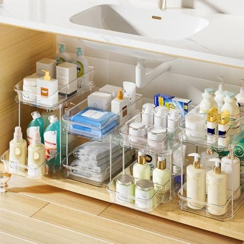 Delamu 2-Tier Under Sink Organizers and Storage, Multi-Purpose Stackable Bathroom Cabinet organizers, Pull Out Kitchen Pantry Organization and Storage with Dividers(4 Pack, Clear) - Image 1