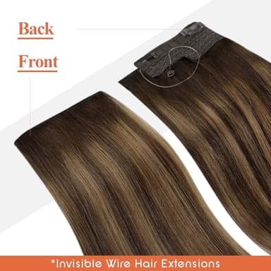 Sunny Wire Hair Extensions Real Human Hair Fish Line Human Hair Extensions Invisible Wire Extensions Dark Brown to Caramel Blonde with Dark Brown Highlights #4/27/4 18 Inch - Image 6