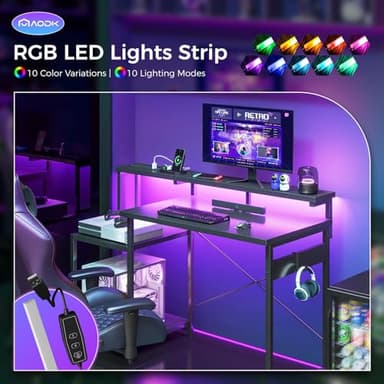 AODK Computer Desk, 48 Inch Gaming Desk with Led Lights & Power Outlet, Office Desk with Storage Shelves, Reversible Desk with Monitor Shelf & Headphone Hook, Carbon Fiber Black - Image 5