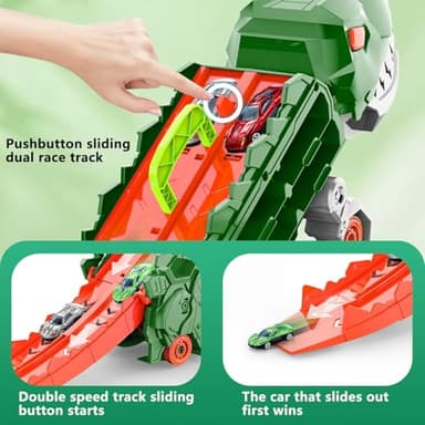 Dufuntotoys City Dinosaur Ultimate Hauler Track Toy for Boys, Transforms into Stomping Dinosaur with Race Track Ultimate Transporter Hauler Toddler Toys Gifts for Kids Birthday (4 Cars) - Image 5