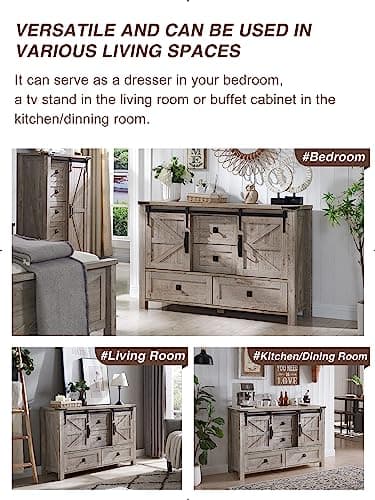 T4TREAM 48'' Farmhouse Dresser for Bedroom w/4 Drawers & Sliding Barn Doors, Tall Chest of Drawers, Rustic Dresser TV Stand w/Shelf, Organizer for Bedroom, Living Room, Foyer,Light Rustic Oak - Image 6