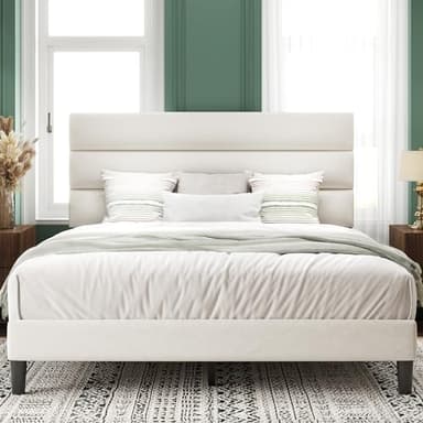 Acurax Queen Size Bed Frame with Velvet Upholstered Headboard, Beige Platform Bed Frame with Metal Support, Upholstered Mattress Foundation, No Box Spring Needed, Noise Free, Easy Assembly, White - Image 1