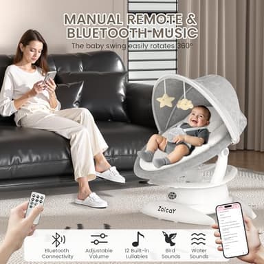 3-in-1 Baby Swing for Infants with Motion Detection, Electric Baby Swing with 3 Swing Modes, 12 Lullabies & 5-Speeds & Removable Swing Seat, BT Enabled & 360°Rotating Seat and Manual Remote, White - Image 7