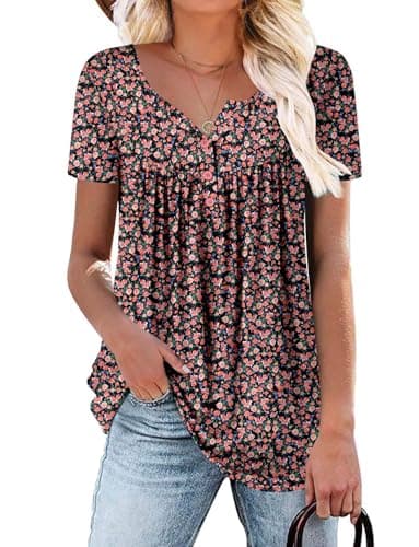 ROSELINLIN Womens Summer Tops Dressy Casual Short Sleeve Tunic Tops Loose Fit Henley Shirts Flesh Rose S - Image 1