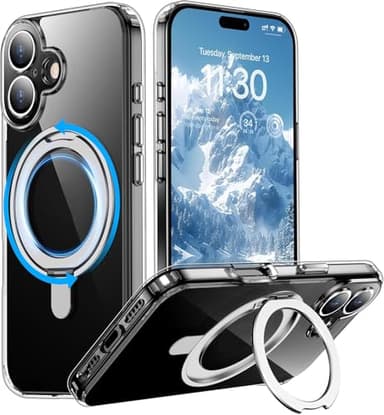 Temdan Magnetic for iPhone 16 Case,[with 360°Rotatable Invisible Magnetic O-Ring Stand][Military Grade Shockproof][Compatible with MagSafe] Slim Phone Case for iPhone 16 6.1" Clear - Image 1