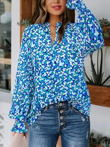 MASCOMODA Womens V Neck Floral Long Sleeve Tops 2025 Summer Casual Loose Puff Sleeve Chiffon Boho Work Blouse Dressy T Shirts(Blue,Large) - Image 2
