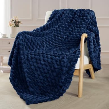 Exclusivo Mezcla Extra Large Fleece Throw Blanket for Couch, 50x70 Inches Stylish Jacquard Soft Throw Blanket, Fuzzy Cozy Lightweight for All Season, Navy Blue - Image 1