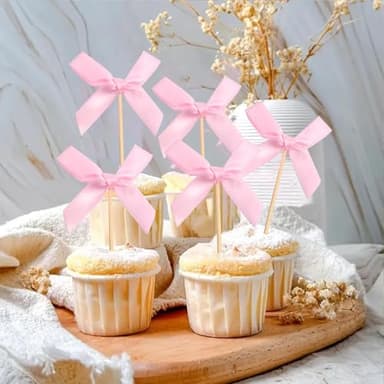 24 Pcs Pink Bow Cupcake Toppers Bow Birthday Decorations for Girls Women Baby Show Wedding Coquette Themed Party Decorations (Pink) - Image 5