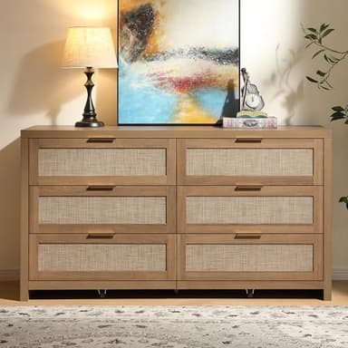 SICOTAS Rattan Dresser for Bedroom, 56.9" Wide 6 Drawer Dresser with Ample Storage, Dressers Large Chest of Drawers, Closet, Boho TV Stand for Bedroom (Reclaimed Caramel Oak, 1 Piece) - Image 8