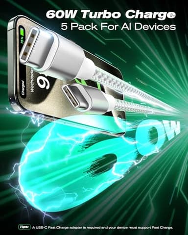 SwaggWood USB C Cable, 5 Pack 3/3/6/6/10FT 60W Fast Charging USB C to USB C Cable, Nylon Braided Type C Charger Cable for iPhone 16/15/iPad Pro/MacBook Air, Galaxy Z Fold7/S25 and More- Grey - Image 3