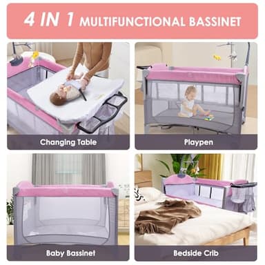 BIERUM 5-in-1 Pack n Play, Baby Bassinet, 3 Height Adjustable Baby Crib with Diaper Changer, Storage Bag & Music Box, Portable Bassinet with Carry Bag, Mattress for Newborn to Toddlers - Image 8