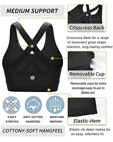 RUNNING GIRL Sports Bra for Women, Criss-Cross Back Padded Strappy Sports Bras Medium Support Yoga Bra with Removable Cups A-Black - Image 6
