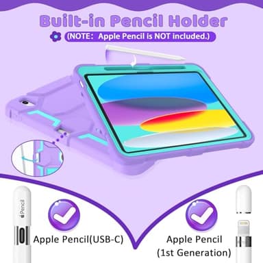 CCMAO Case for iPad A16 11th Generation 11 Inch 2025, iPad 10th Generation 10.9 Inch 2022, with Kickstand & Pencil Holder, Heavy Duty Shockproof Hybrid Protective Cover for Kids Girls, Purple+Green - Image 4