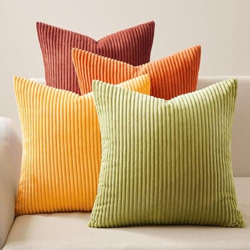 Topfinel Fall Burnt Orange Decorative Throw Pillows Covers 18x18 Inch Set of 4,Yellow Green Gradient Series Corduroy Striped Square Pillow Case,Western Modern Cushion Cover for Couch Sofa Bedroom - Image 1