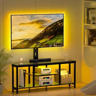 Corner TV Stand with Mount LED - Universal TV Mount Stand for 32-65" TV, Height Adjustable Swivel TV Console Wood & Steel Entertainment Center with Mount, Cabinet, Power Outlet, Colorful Light, Black - Image 2
