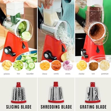 Rotary Cheese Grater with Handle, Cheese Grater Hand Crank, Fast Cutting Grater for Kitchen with 3 Interchangeable Blades, Vegetable Slicer, Cheese Shredder with Suction Cup Base, Dishwasher Safe - Image 5