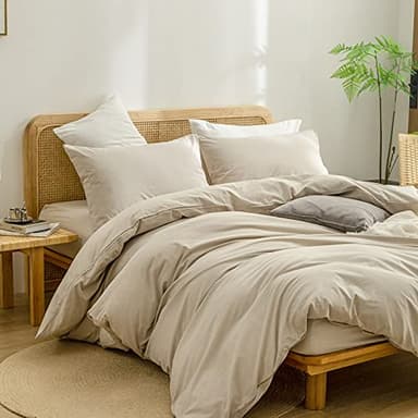 BESTOUCH Duvet Cover Set 100% Washed Cotton Linen Feel Super Soft Comfortable Chic Lightweight 3 PCs Home Bedding Set Solid Almond Milk Grey Queen - Image 5